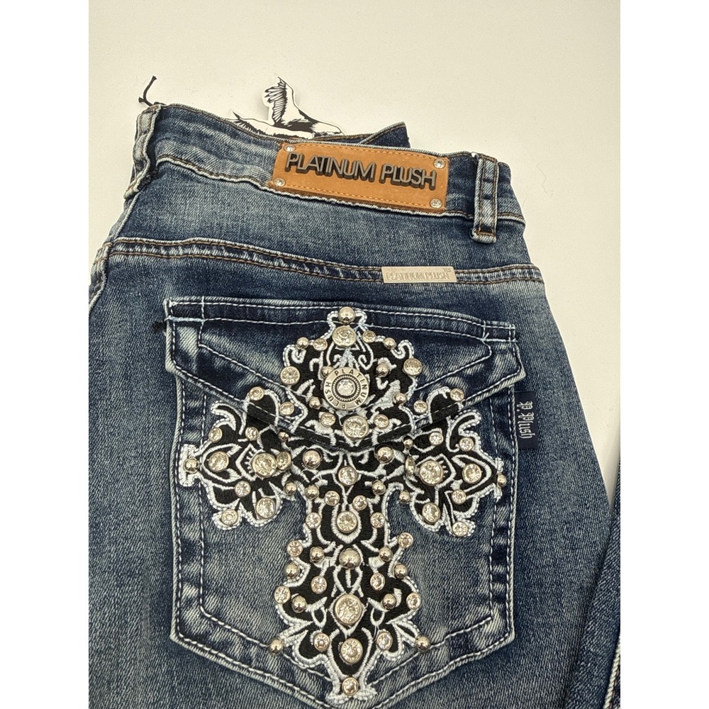 Platinum Plush Y2K Rhinestone Cross Bootcut Jeans Medium Wash Blue Denim Size 5